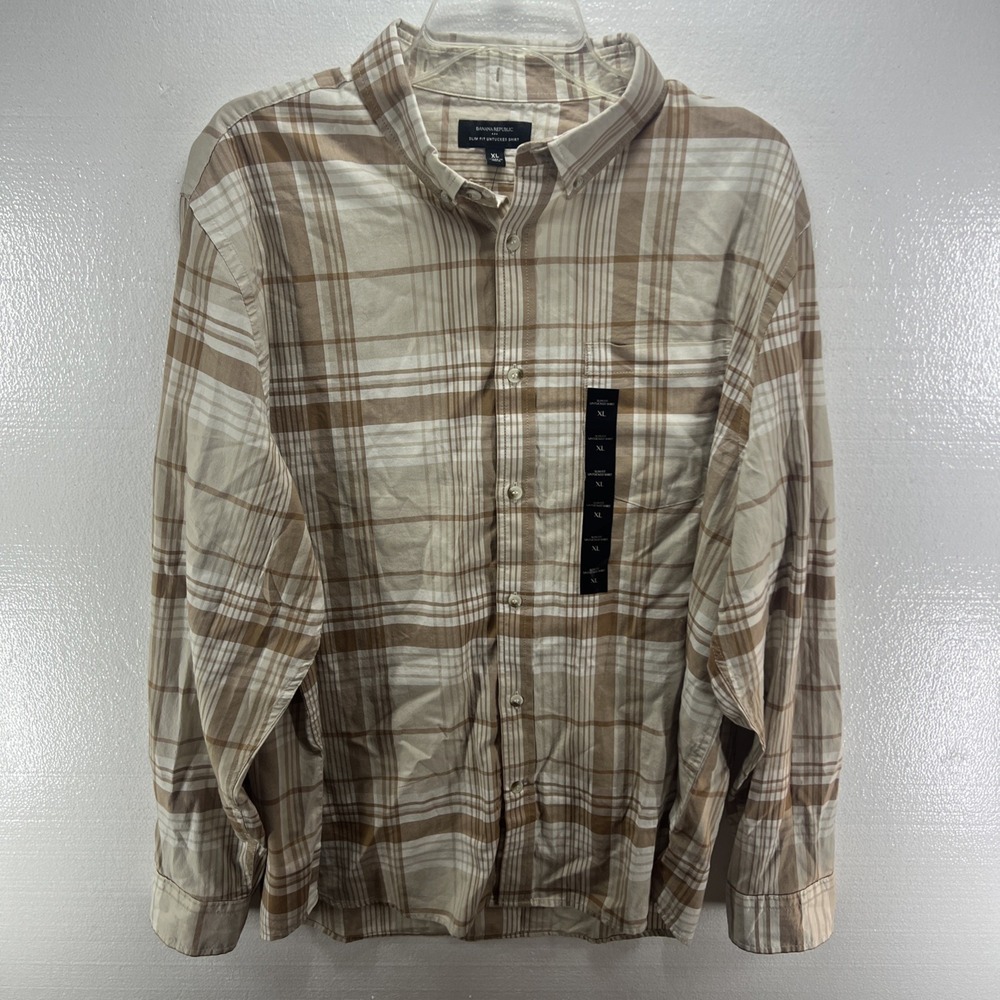 NWT Banana Republic Men's SLIM Untucked Fit Button Down Brown Plaid Shirt XL $70